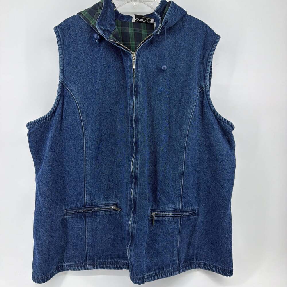 VTG Northstyle Women’s Sz 2X Denim Vest Plaid Flannel Lined Zip Front Hood
